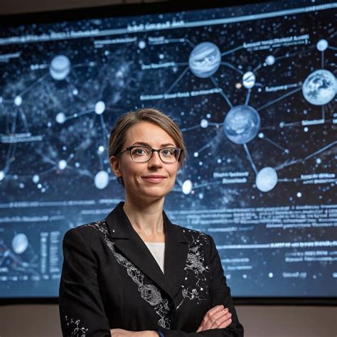 Premium Photo A Woman In A Black Suit And Glasses Stands In Front Of A Projection Screen