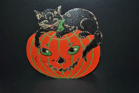 Nice Large Vintage Halloween Card Black Cat Pumpkin Vintage Halloween