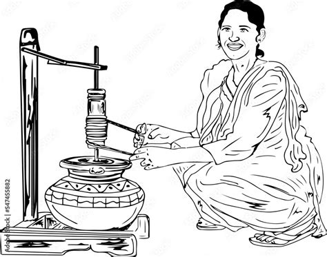 Vecteur Stock Punjabi Girl Churning Curd And Extracting Butter Clip Art