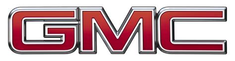 the gmc logo is shown in red and silver letters with chrome lettering ...