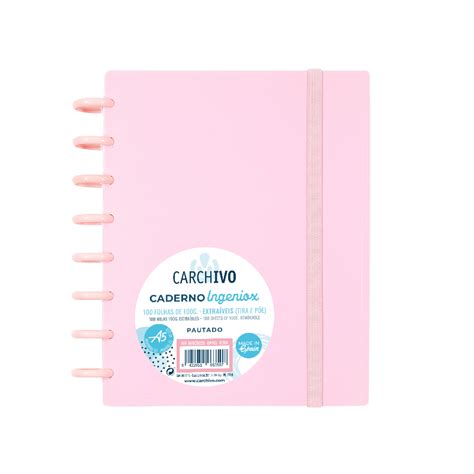 Caderno Ingeniox A5 100 folhas extraíveis tira e põe Pautado rosa