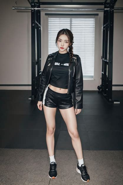 Premium Ai Image A Girl In A Black Leather Jacket Is Standing In A Gym