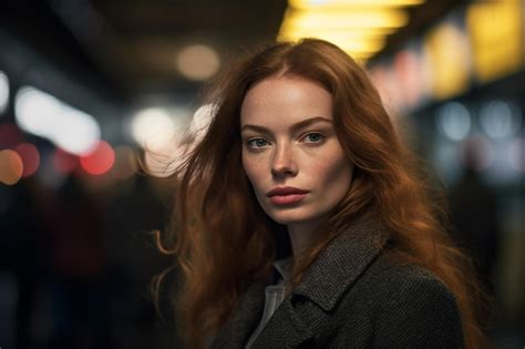 Premium Photo A Woman With Red Hair Stands In A Dark Street