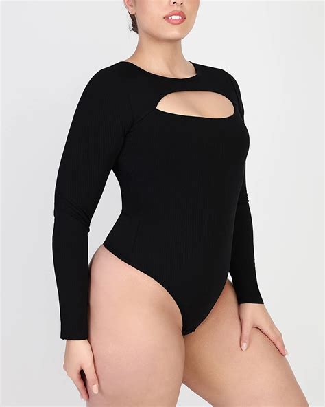 Cozy Ribbed Chic Cut Out Bodysuit V Neck Shapewear With Long Sleeves