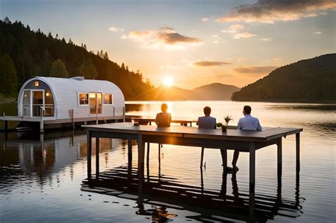 Premium Ai Image A Couple Sit On A Dock And Watch The Sunset Over A Lake