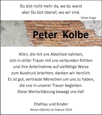 Traueranzeigen Von Peter Kolbe Trauer Nordkurier