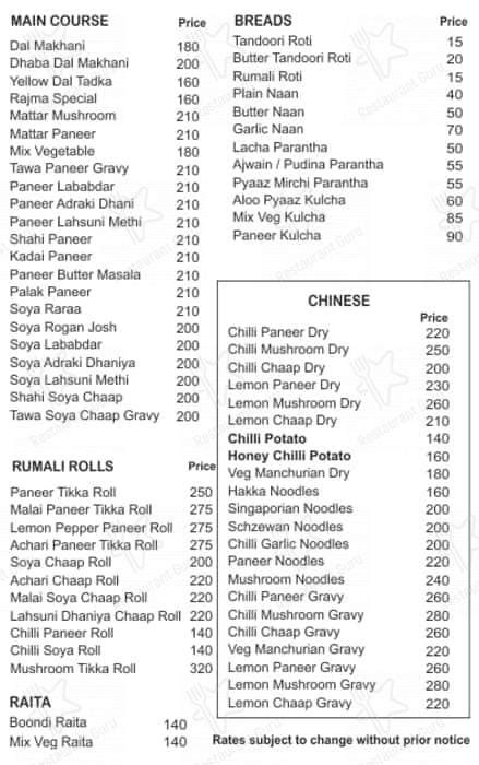 Menu At Ambrish S Punjabi Joint New Delhi