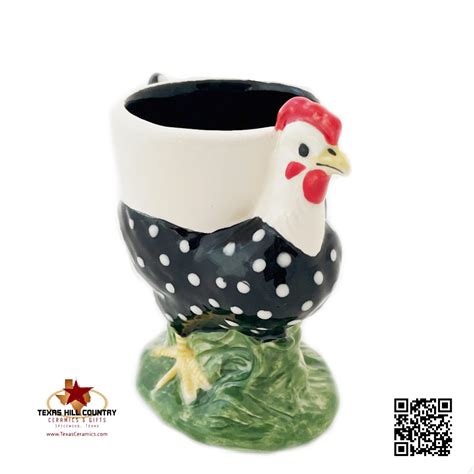 Chicken Egg Cup Black With White Dot Design Chicken Feather Collection Texas Hill Country Ceramics