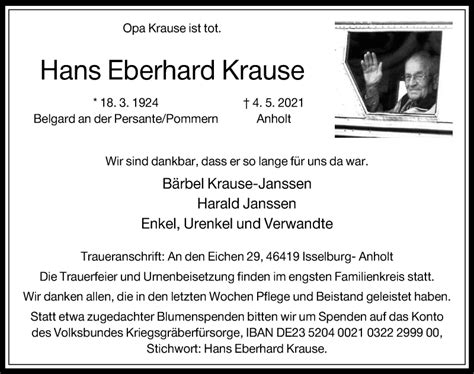 Traueranzeigen Von Hans Eberhard Krause Trauer In NRW De