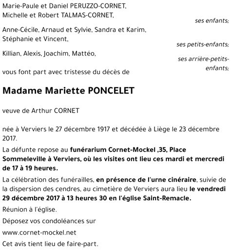 Avis De Décès De Mariette Poncelet Décédé Le 23122017 à Liège