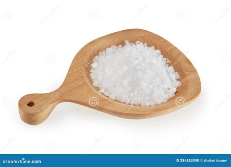 Macro Image Of Sea Salt Heap On Wooden Tray Board Isolated At White