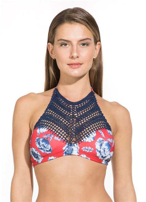 Bikini Tops Red Floral Crop Top With Macrame Top Ruth Big Flower Red