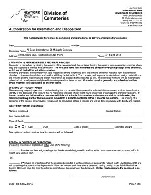 Fillable Online Wwwdosnygov Authorization For Cremation And Disposition