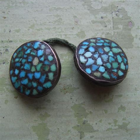 A Lovely Pair Of Vintage Buttons In White Metal Set With A Turquoise