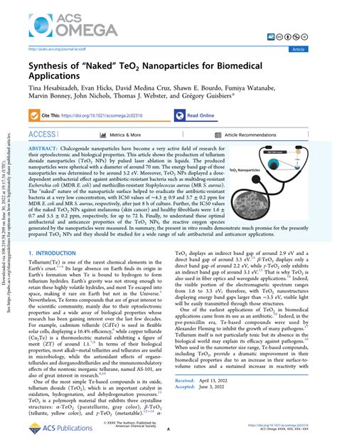 PDF Synthesis Of Naked TeO 2 Nanoparticles For Biomedical Applications