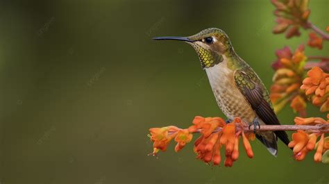 Hummingbird Sits On A Orange Flower Background, Female Hummingbird ...