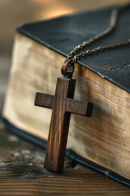 Premium Photo Closeup Of Wooden Christian Cross Necklace Next To Holy