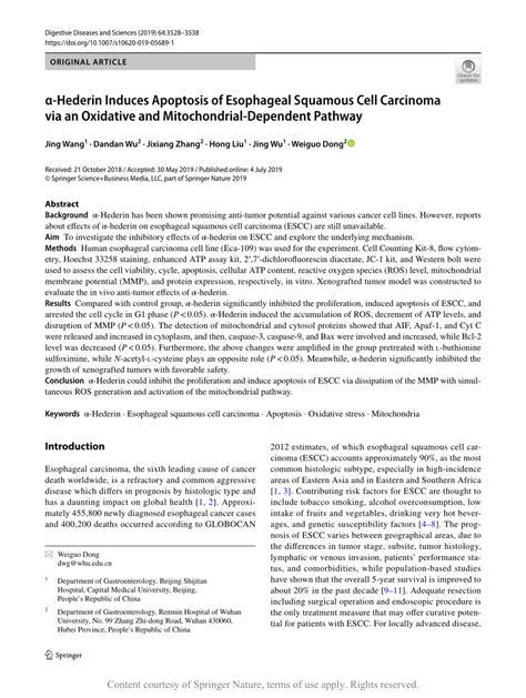 Hederin Induces Apoptosis Of Esophageal Squamous Cell Carcinoma Via