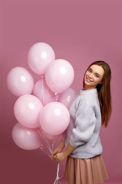 Birthday Girl Posing With Balloons Stock Photo Image Of Caucasian