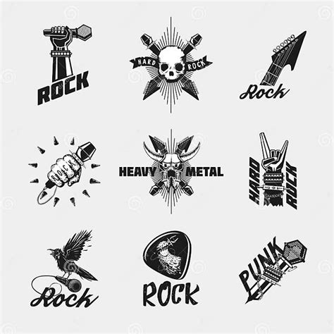 Rock Music Icon Set Vintage Black Emblem Collection Isolated On White