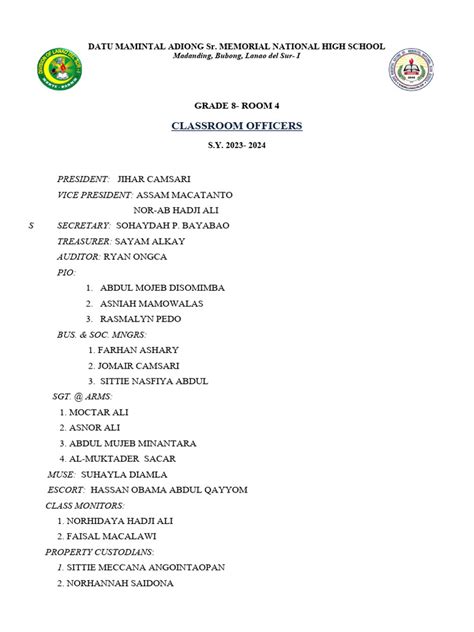 Class Officers And Ptca Officers Pdf