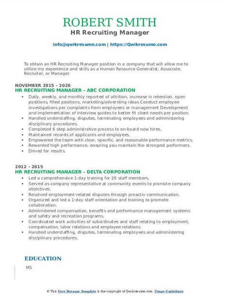 Hr Recruiting Manager Resume Samples Qwikresume