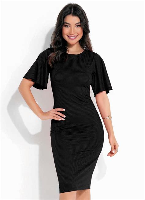 Vestido Justo Preto Manga Ampla Moda Evang Lica Rosalie