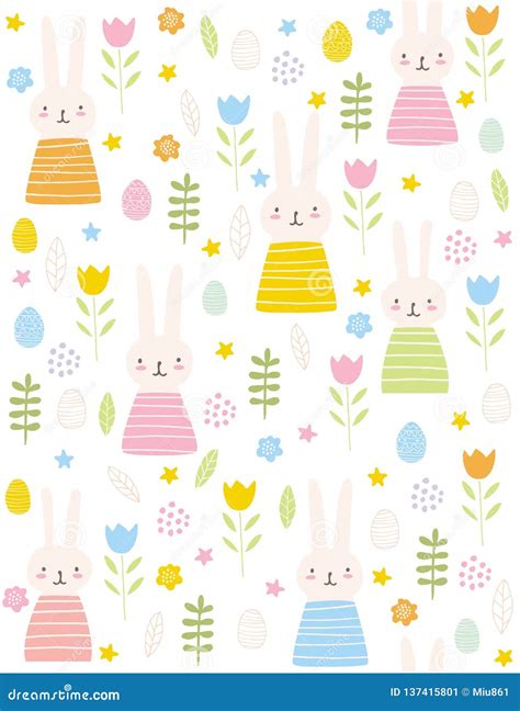 Cute Easter Rabbits Vector Pattern Lovely Pink Bunnies And Eggs On A