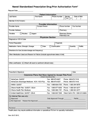 Hawaii Standardized Prescription Prior Authorization Form Fill And