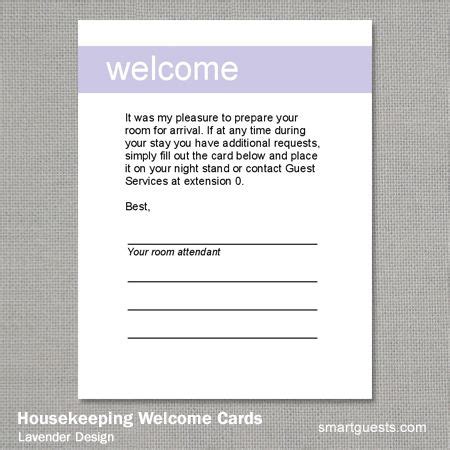 Housekeeping Welcome Cards | Hotel housekeeping, Hotel card, Welcome card