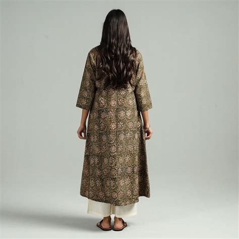 Olive Green Kalamkari Hand Block Printed Cotton A Line Kurta Itokri