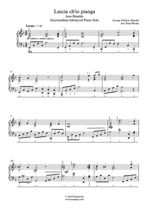 Rinaldo Lascia Ch Io Pianga Intermediate Advanced Level Solo Piano Händel Piano Sheet Music