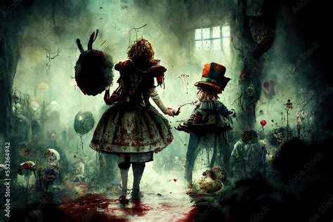 Alice in wonderland, horror style for halloween, hatter and bunny are ...