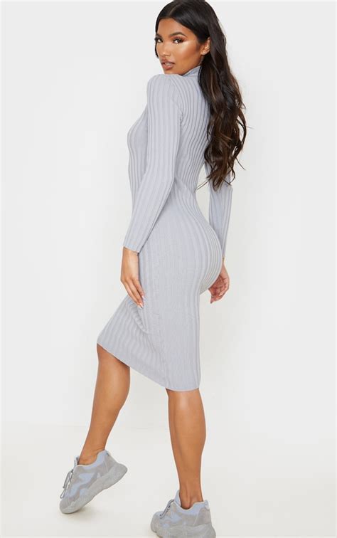 Grey Stretch Knitted Bodycon Midi Dress Prettylittlething Ire