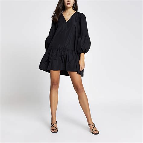 Black Long Sleeve Smock Mini Dress River Island