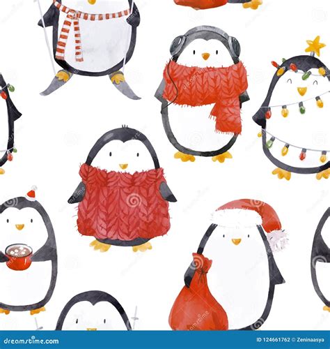 Watercolor Christmas Baby Penguin Vector Pattern Stock Vector