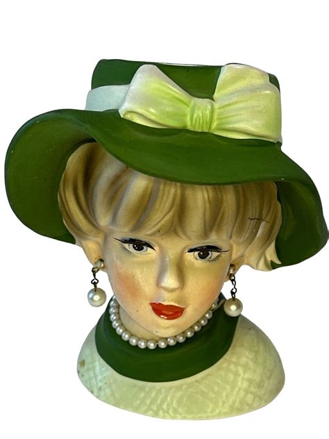 Vintage NAPCOWARE NAPCO Lady Green Hat Head Vase C7494 Very Rare Find