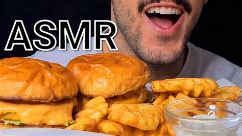 Asmr Cheesy Cheeseburgers And Waffle Fries Eating Sounds No Talking