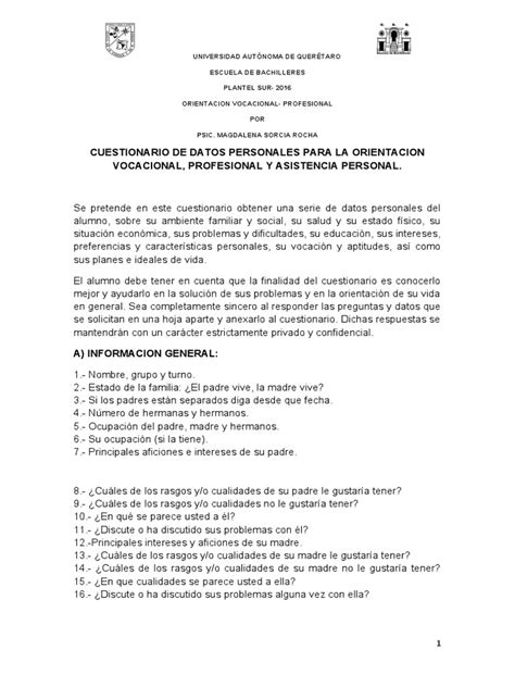 Cuestionario De Orientación Vocacional Y Personal Para Estudiantes De