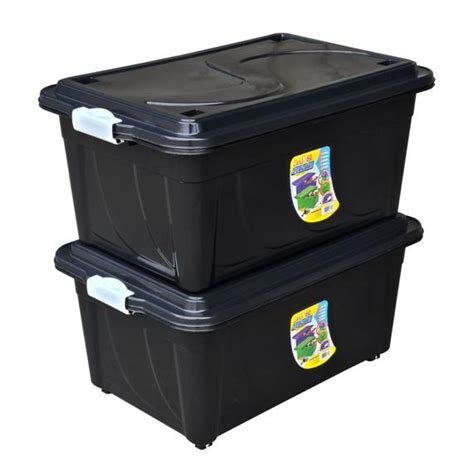 Kit 2 Caixas Organizadora Multiuso 60 Litros Preta Tampa Rodinhas 60L