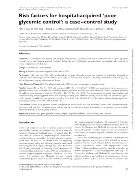 Pdf Risk Factors For Hospital Acquired ‘poor Glycemic Control A