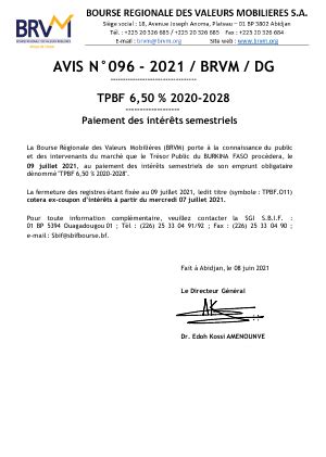 Avis N096 2021 BRVM DG Paiement des intérêts semestriels TPBF 6 50