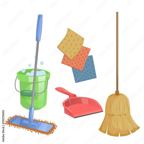 Cartoon Trendy Cleaning Service Icons Set Natural Broom Red Dustpan