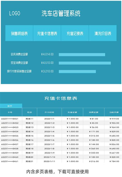 蓝色洗车店管理系统excel模板完美办公