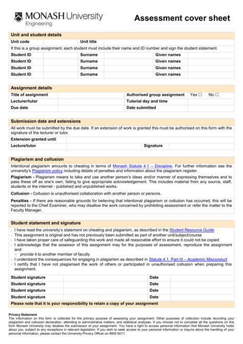 Monash Assignment Cover Sheet Engineering Cover Sheet Court