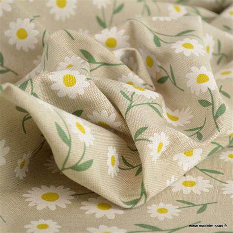 Tissu Toile Aspect Lin Motifs Marguerites Fond Lin Oeko Tex