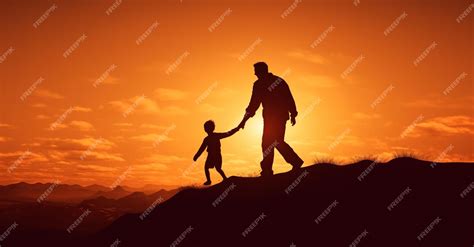 Premium Photo A Father And Son Holding Hands On A Hill During Sunset