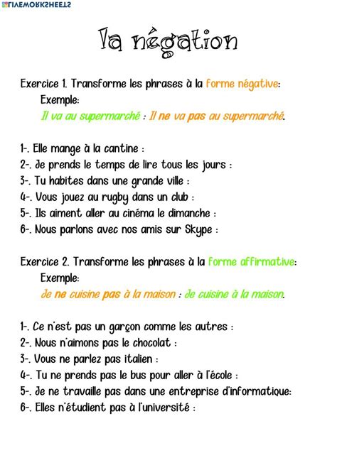 Ejercicio De Y Y La N Gation Basic French Words Learn French