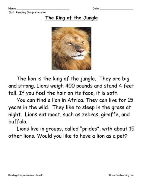 King of the Jungle Reading Comprehension Worksheet - Have Fun Teaching ...