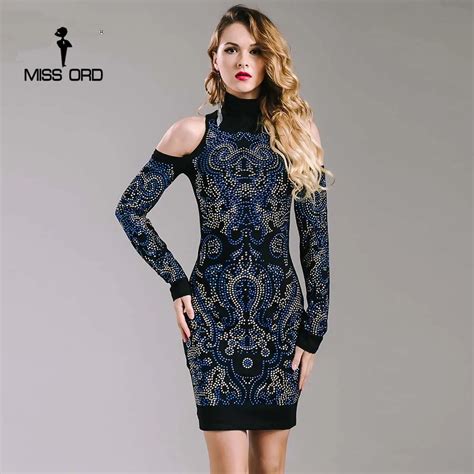 Missord 2018 Sexy Geometric Retro Rhinestone High Necked Long Sleeve